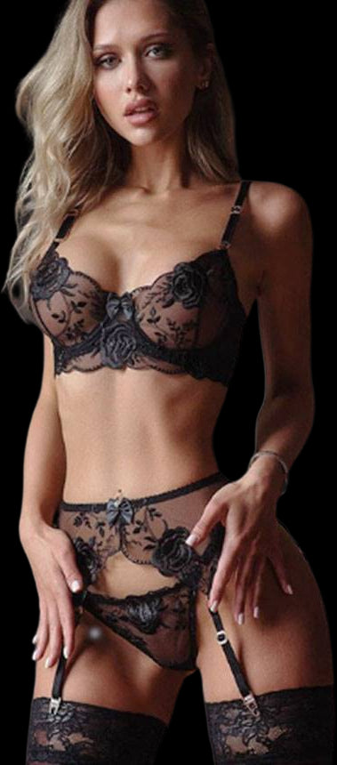 Completo Conjunto Sexy Negro De Encaje Con Bordado Floral