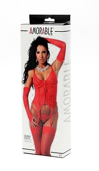 Conjunto De Lenceria Sexy 4 Piezas Corsé Tanga Guantes Medias