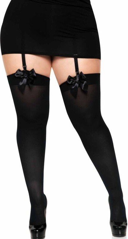 LEG AVENUE - MEDIAS ALTAS CON LACITO NEGRO TALLA GRANDE