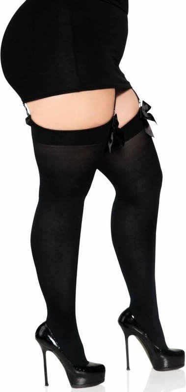 LEG AVENUE - MEDIAS ALTAS CON LACITO NEGRO TALLA GRANDE