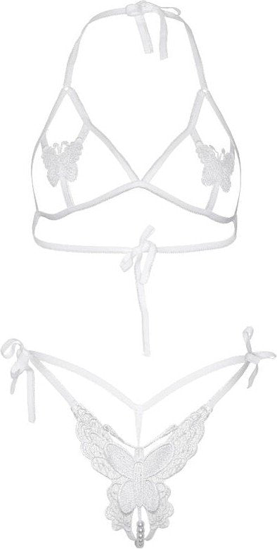 LEG AVENUE - SET DOS PIEZAS SUJETADOR Y TANGA DE MARIPOSAS Y PERLAS TALLA UNICA - BLANCO