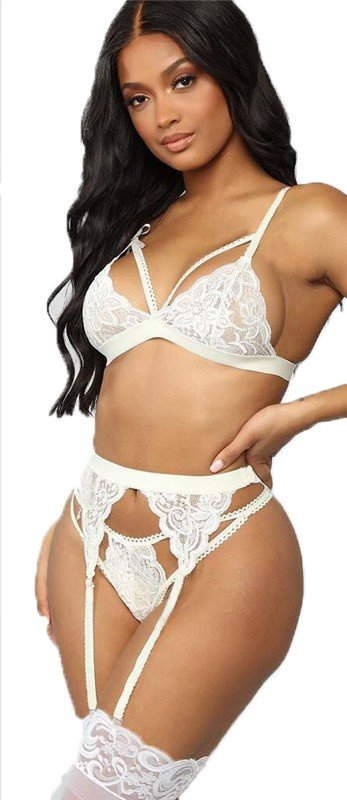 Sexy Conjunto Strappy Blanco Encaje Sujetador Liguero Y Tanga