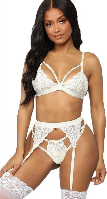 Sexy Conjunto Strappy Blanco Encaje Sujetador Liguero Y Tanga